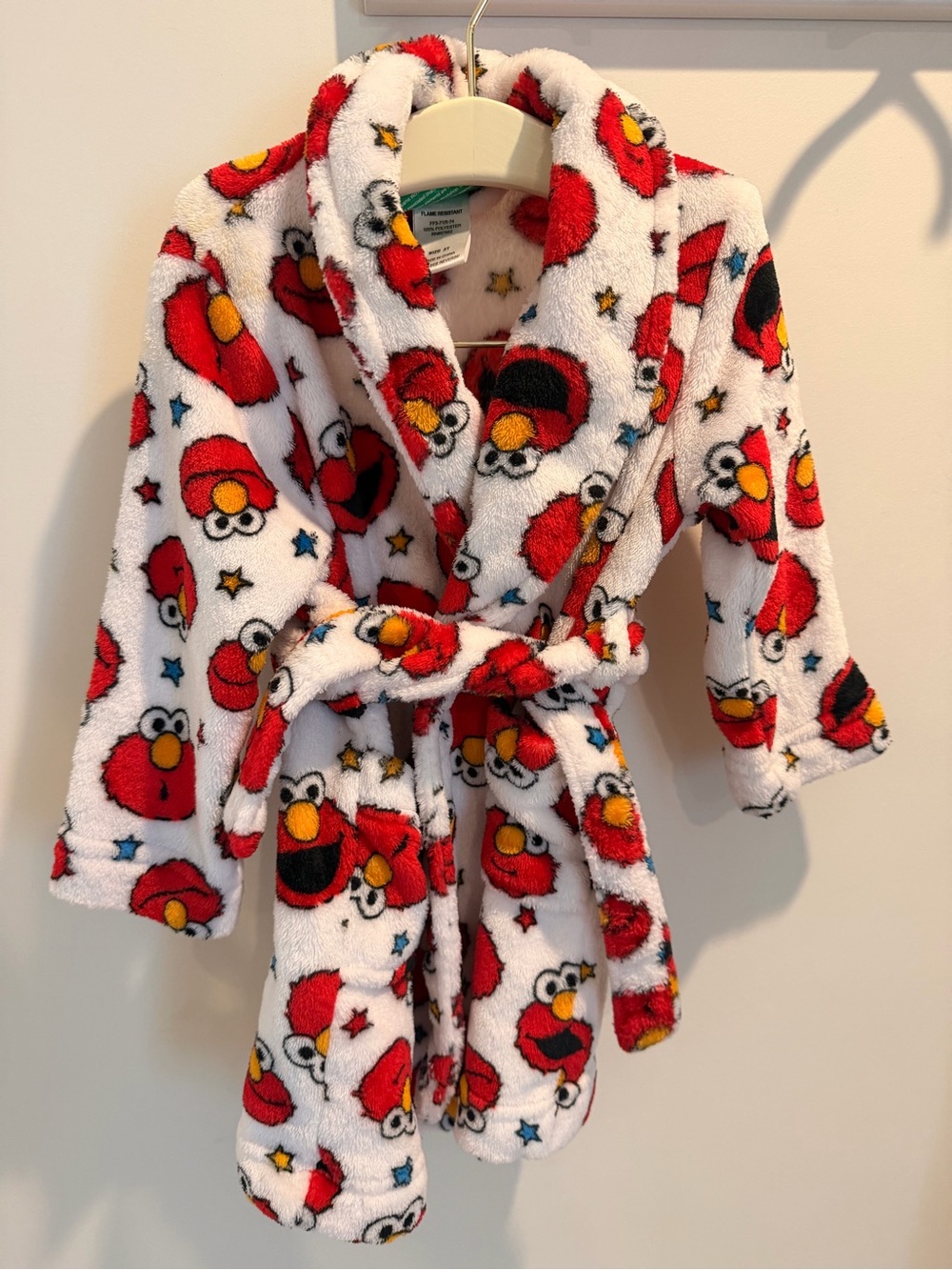 Sesame Street Elmo Toddler Plush Fleece Bathrobe 2T White Red Belted